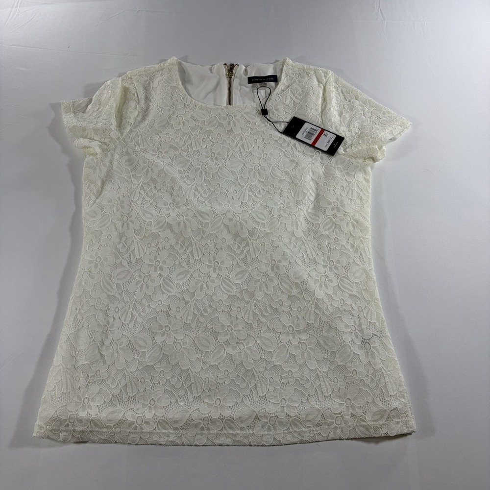Tommy Hilfiger Womens Ivory Floral Lace Short Sleeve  Scoop Neck Top Size XS New